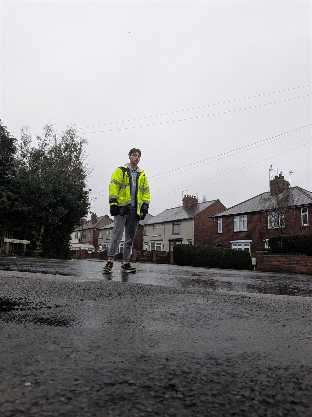 On the route in hi-vis on a rainy UK street
